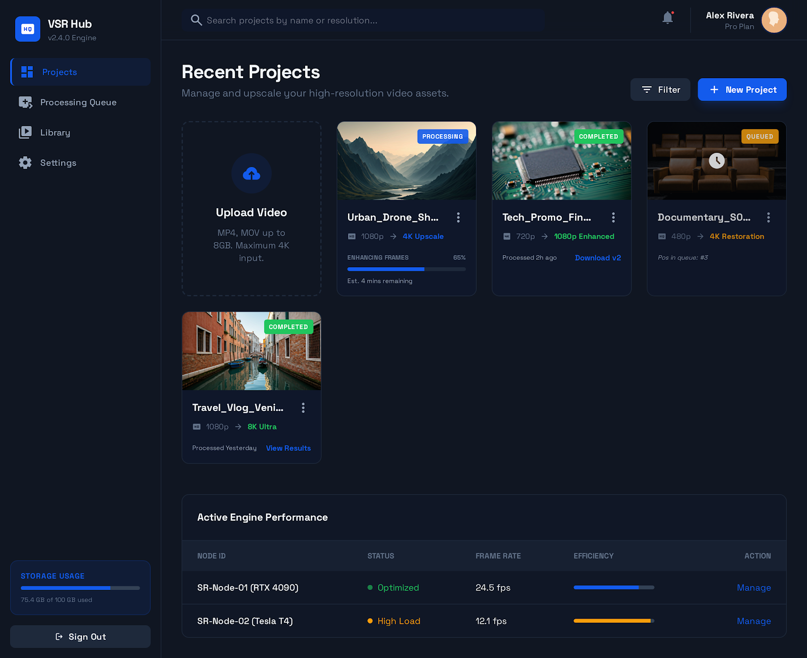 Project hub dashboard interface